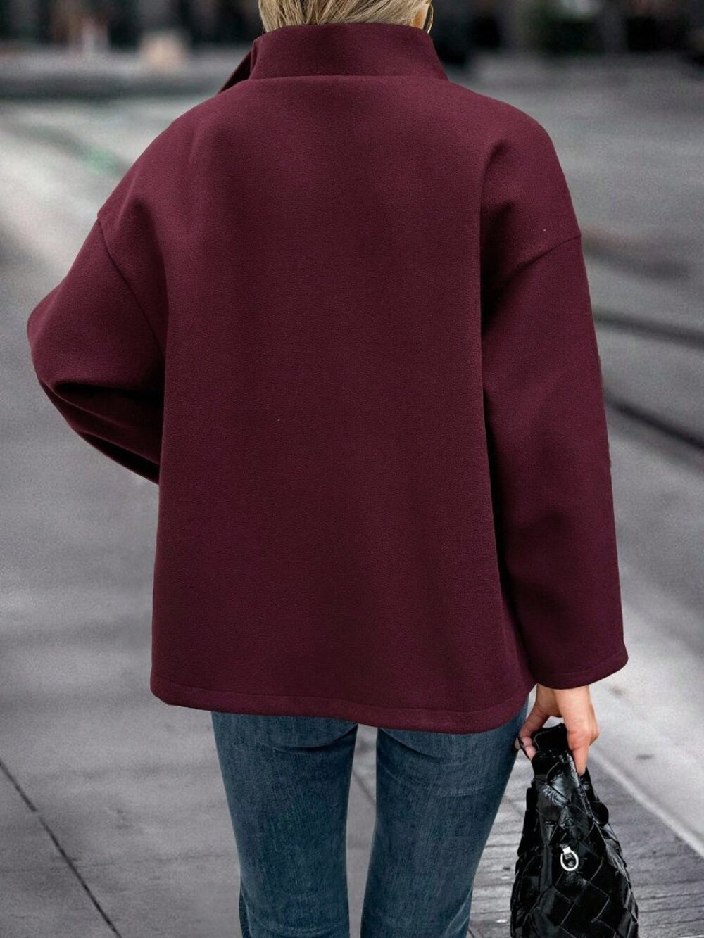 Burgundy Casual Women's Stand Collar Overcoat - Picture 2 of 4